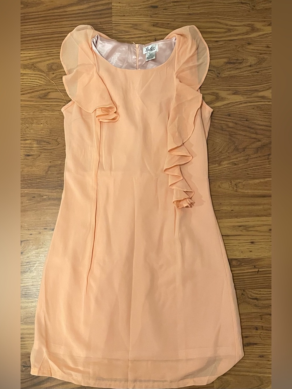 Peach Ruffle Sleeveless Size Small Round Neckline Sheer Overlay Shift Dress